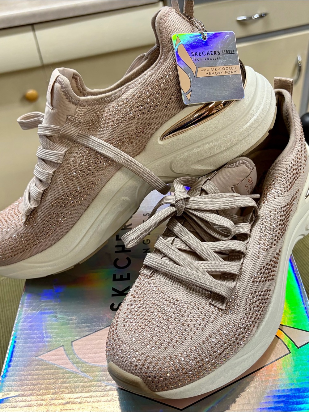 Skechers Taupe Knit Slip-On Athletic Sneakers with Sparkle - Picture 3 of 7